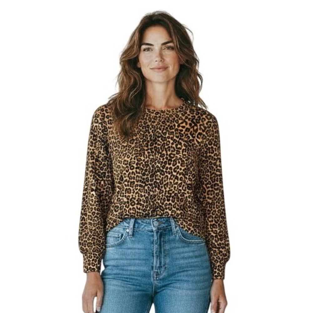 LOFT Leopard Print Long Sleeve Crew Neck Top‎ Puff Sleeve Womens  XL 100% Cotton
